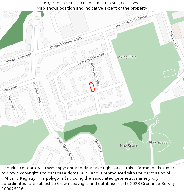 69, BEACONSFIELD ROAD, ROCHDALE, OL11 2WE: Location map and indicative extent of plot
