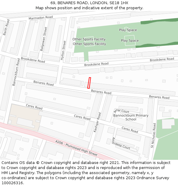 69, BENARES ROAD, LONDON, SE18 1HX: Location map and indicative extent of plot