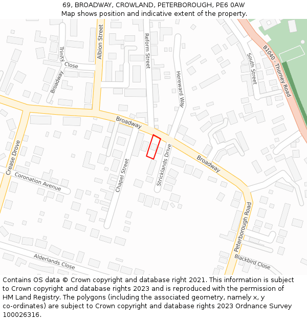 69, BROADWAY, CROWLAND, PETERBOROUGH, PE6 0AW: Location map and indicative extent of plot