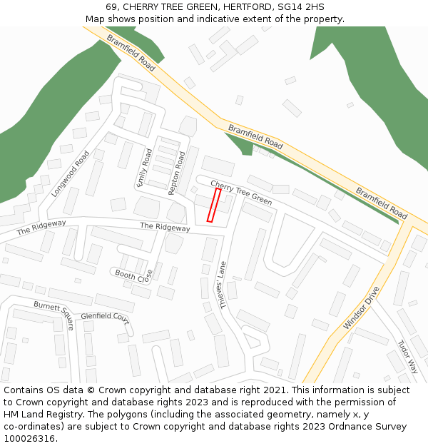 69, CHERRY TREE GREEN, HERTFORD, SG14 2HS: Location map and indicative extent of plot