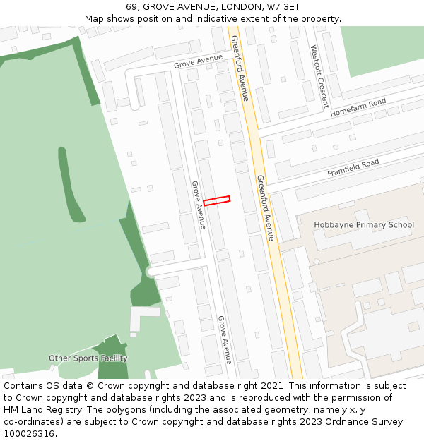 69, GROVE AVENUE, LONDON, W7 3ET: Location map and indicative extent of plot