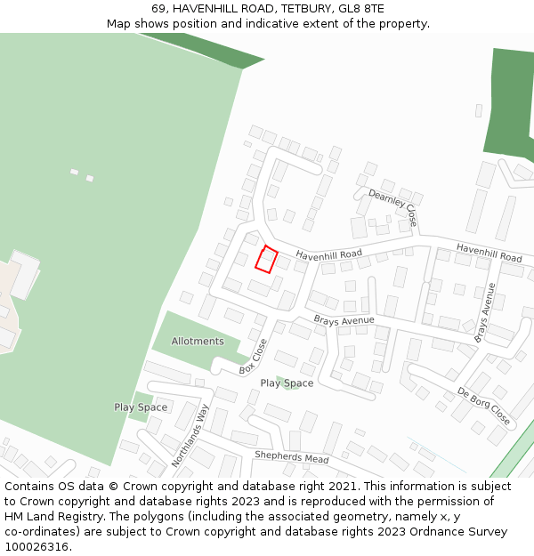 69, HAVENHILL ROAD, TETBURY, GL8 8TE: Location map and indicative extent of plot