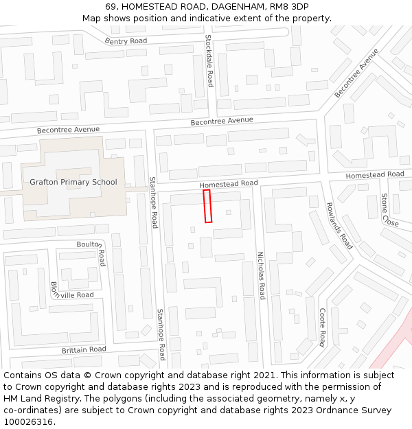 69, HOMESTEAD ROAD, DAGENHAM, RM8 3DP: Location map and indicative extent of plot