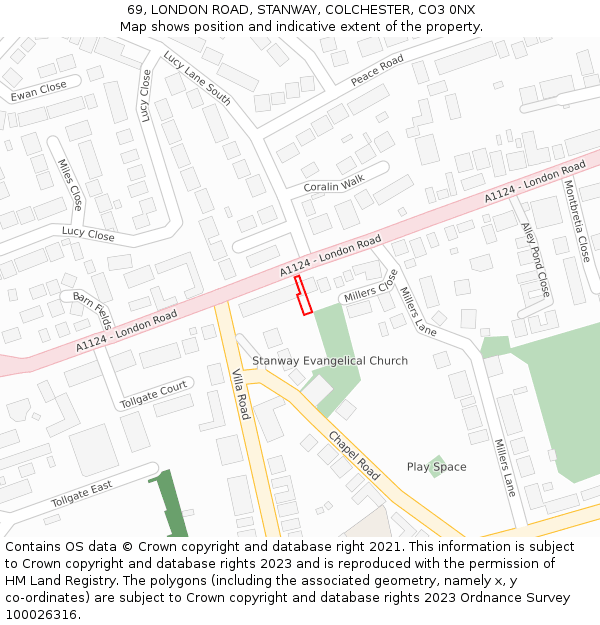 69, LONDON ROAD, STANWAY, COLCHESTER, CO3 0NX: Location map and indicative extent of plot