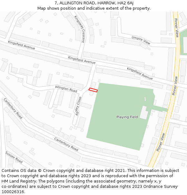 7, ALLINGTON ROAD, HARROW, HA2 6AJ: Location map and indicative extent of plot