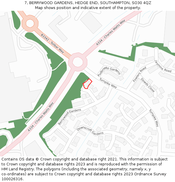 7, BERRYWOOD GARDENS, HEDGE END, SOUTHAMPTON, SO30 4QZ: Location map and indicative extent of plot