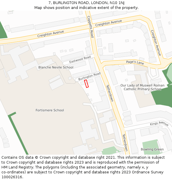 7, BURLINGTON ROAD, LONDON, N10 1NJ: Location map and indicative extent of plot
