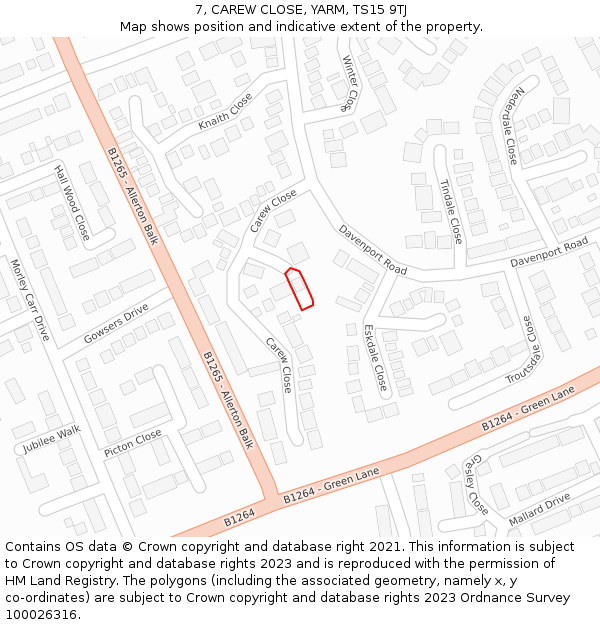 7, CAREW CLOSE, YARM, TS15 9TJ: Location map and indicative extent of plot