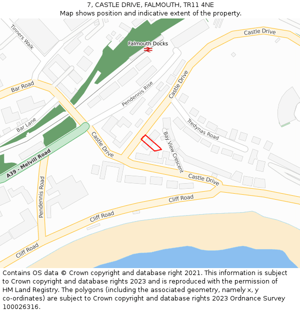 7, CASTLE DRIVE, FALMOUTH, TR11 4NE: Location map and indicative extent of plot