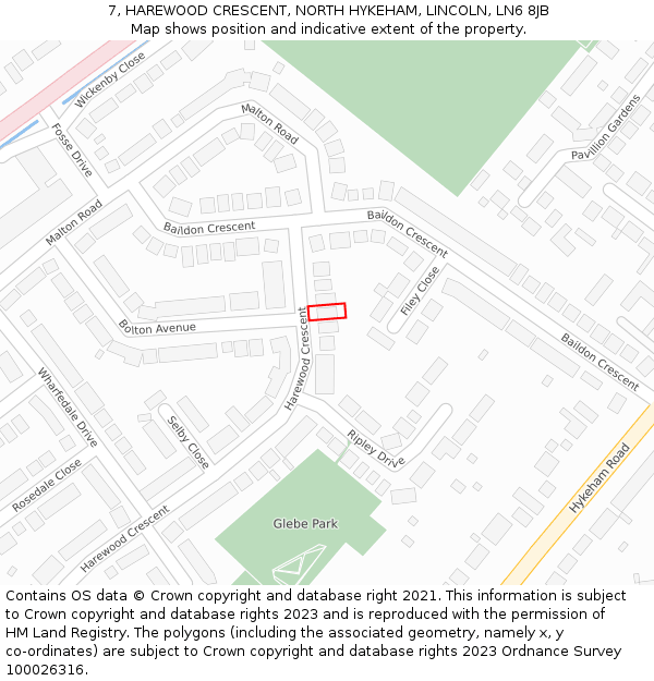 7, HAREWOOD CRESCENT, NORTH HYKEHAM, LINCOLN, LN6 8JB: Location map and indicative extent of plot