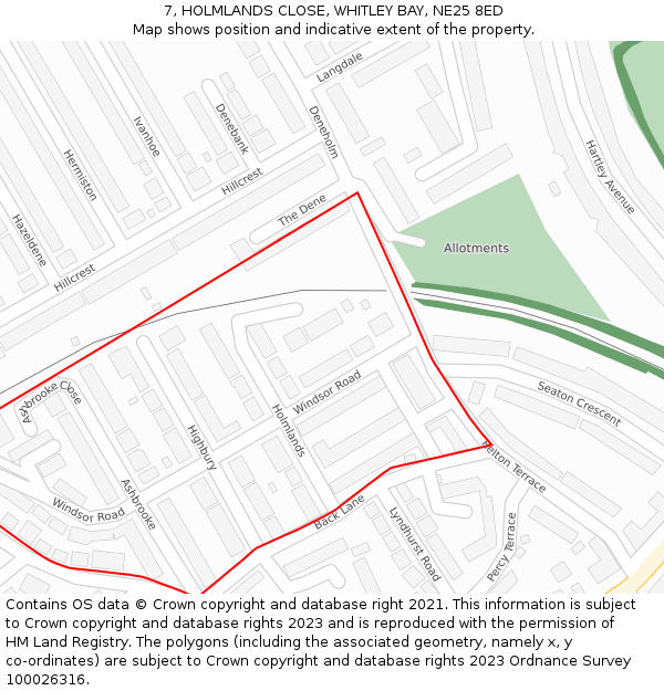 7, HOLMLANDS CLOSE, WHITLEY BAY, NE25 8ED: Location map and indicative extent of plot