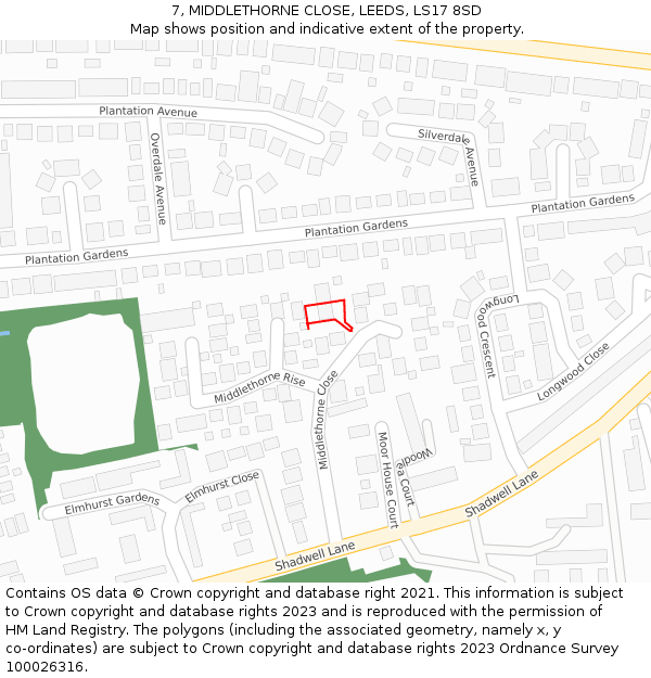 7, MIDDLETHORNE CLOSE, LEEDS, LS17 8SD: Location map and indicative extent of plot