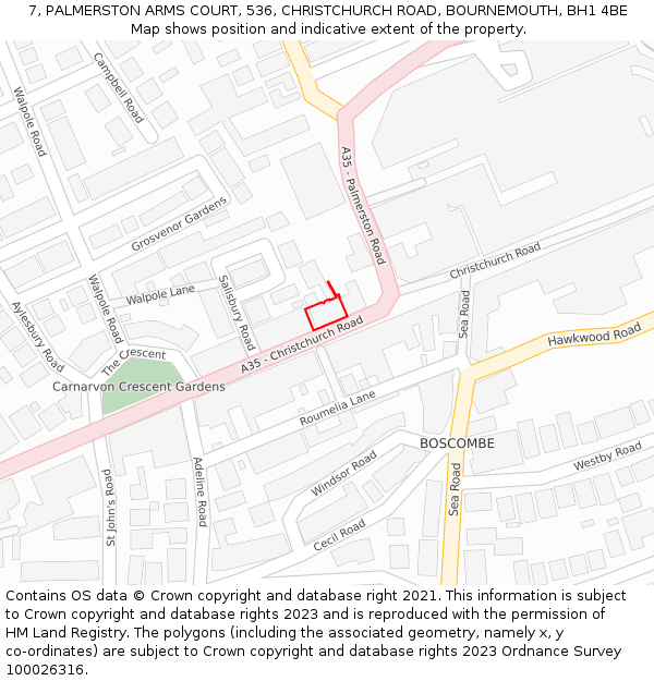 7, PALMERSTON ARMS COURT, 536, CHRISTCHURCH ROAD, BOURNEMOUTH, BH1 4BE: Location map and indicative extent of plot