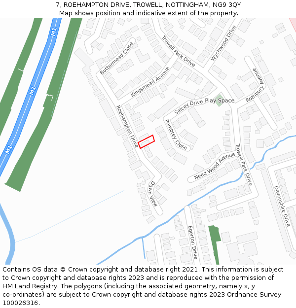7, ROEHAMPTON DRIVE, TROWELL, NOTTINGHAM, NG9 3QY: Location map and indicative extent of plot