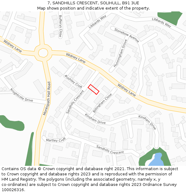 7, SANDHILLS CRESCENT, SOLIHULL, B91 3UE: Location map and indicative extent of plot