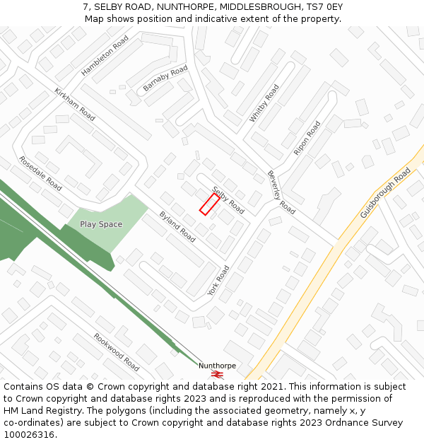 7, SELBY ROAD, NUNTHORPE, MIDDLESBROUGH, TS7 0EY: Location map and indicative extent of plot