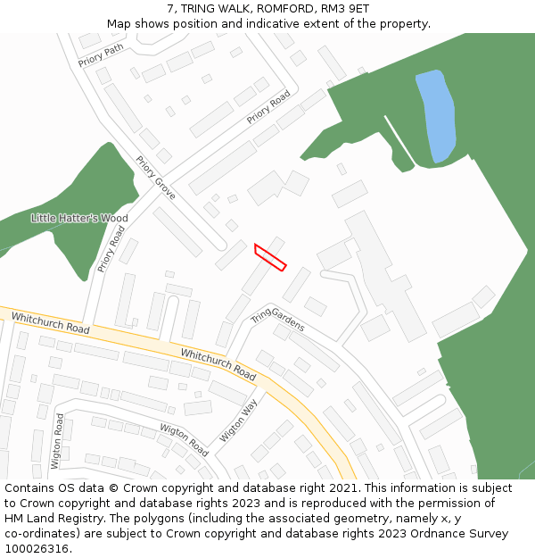 7, TRING WALK, ROMFORD, RM3 9ET: Location map and indicative extent of plot