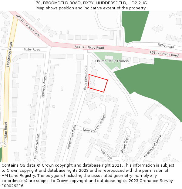70, BROOMFIELD ROAD, FIXBY, HUDDERSFIELD, HD2 2HG: Location map and indicative extent of plot
