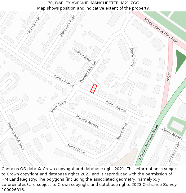 70, DARLEY AVENUE, MANCHESTER, M21 7GG: Location map and indicative extent of plot
