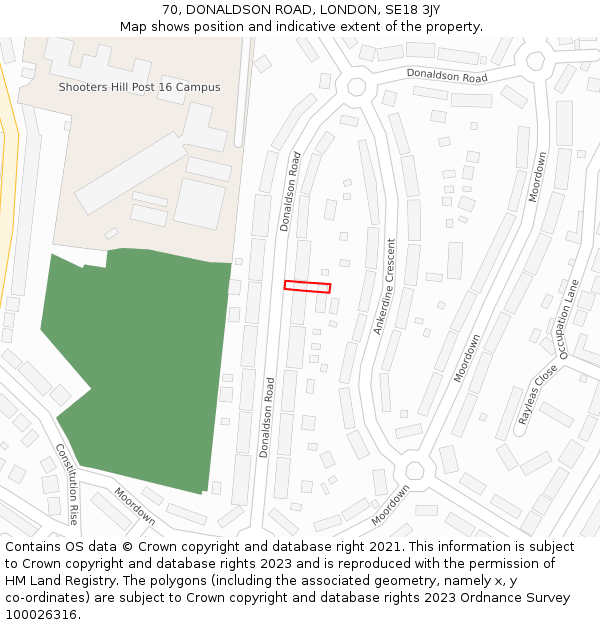 70, DONALDSON ROAD, LONDON, SE18 3JY: Location map and indicative extent of plot