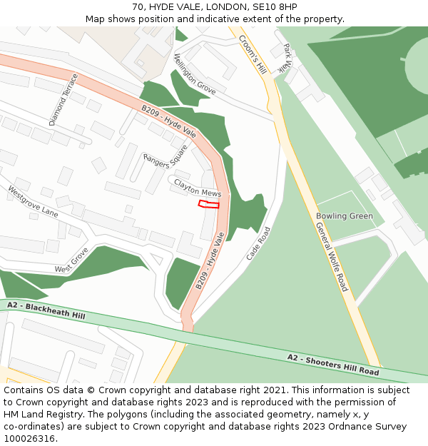 70, HYDE VALE, LONDON, SE10 8HP: Location map and indicative extent of plot