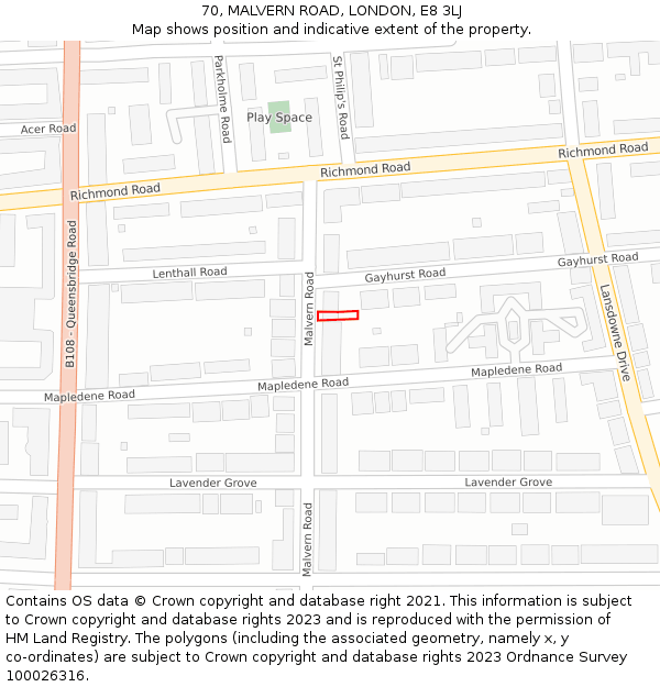 70, MALVERN ROAD, LONDON, E8 3LJ: Location map and indicative extent of plot