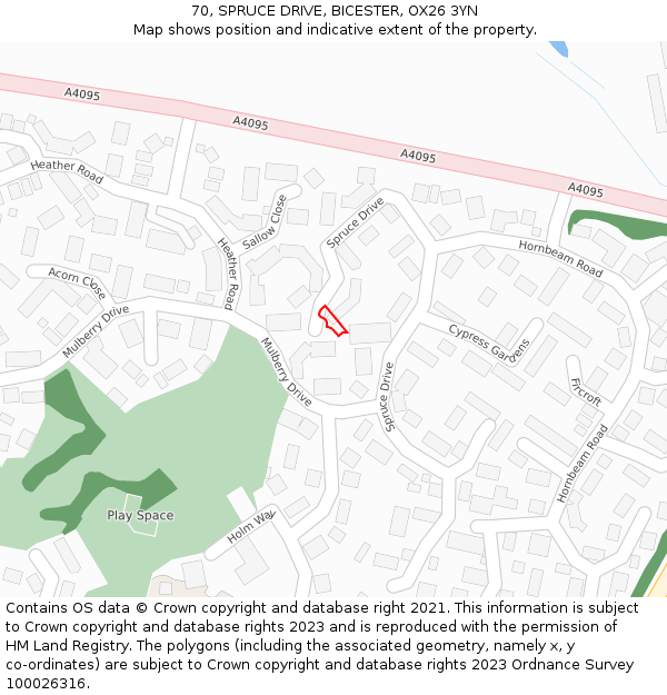 70, SPRUCE DRIVE, BICESTER, OX26 3YN: Location map and indicative extent of plot