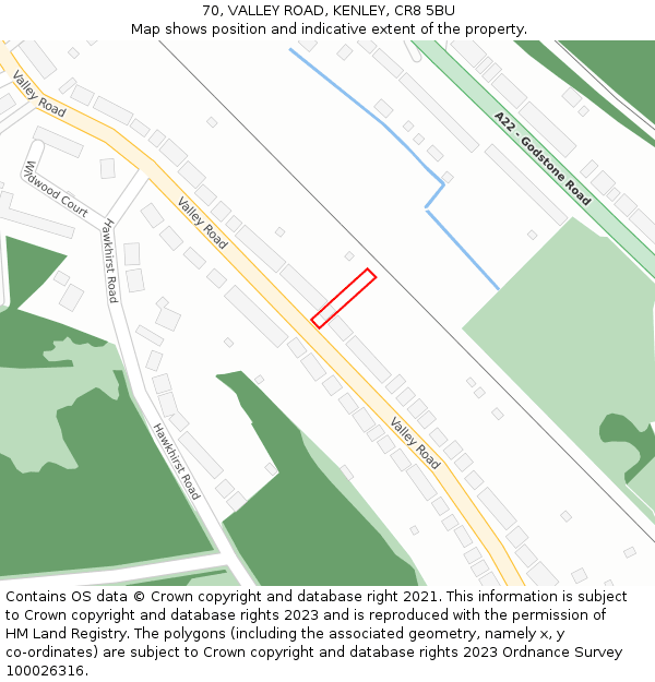 70, VALLEY ROAD, KENLEY, CR8 5BU: Location map and indicative extent of plot