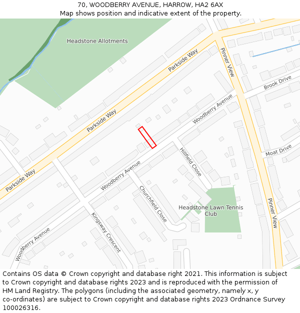 70, WOODBERRY AVENUE, HARROW, HA2 6AX: Location map and indicative extent of plot