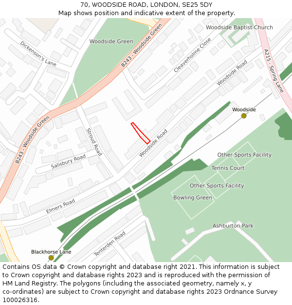 70, WOODSIDE ROAD, LONDON, SE25 5DY: Location map and indicative extent of plot