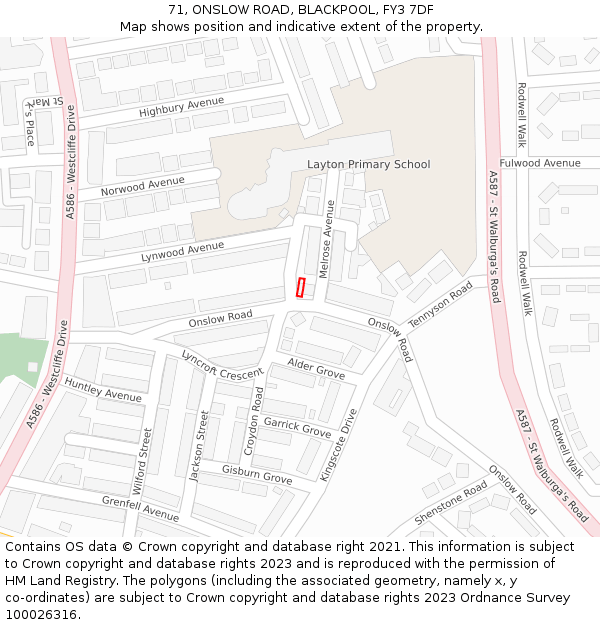 71, ONSLOW ROAD, BLACKPOOL, FY3 7DF: Location map and indicative extent of plot