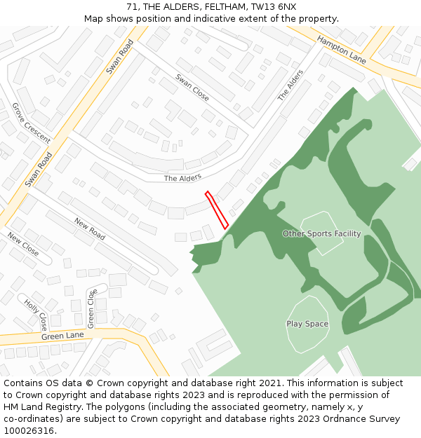 71, THE ALDERS, FELTHAM, TW13 6NX: Location map and indicative extent of plot