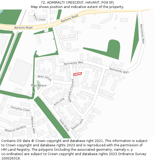 72, ADMIRALTY CRESCENT, HAVANT, PO9 5FJ: Location map and indicative extent of plot