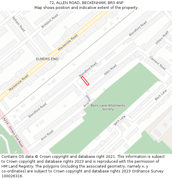 72, ALLEN ROAD, BECKENHAM, BR3 4NP: Location map and indicative extent of plot