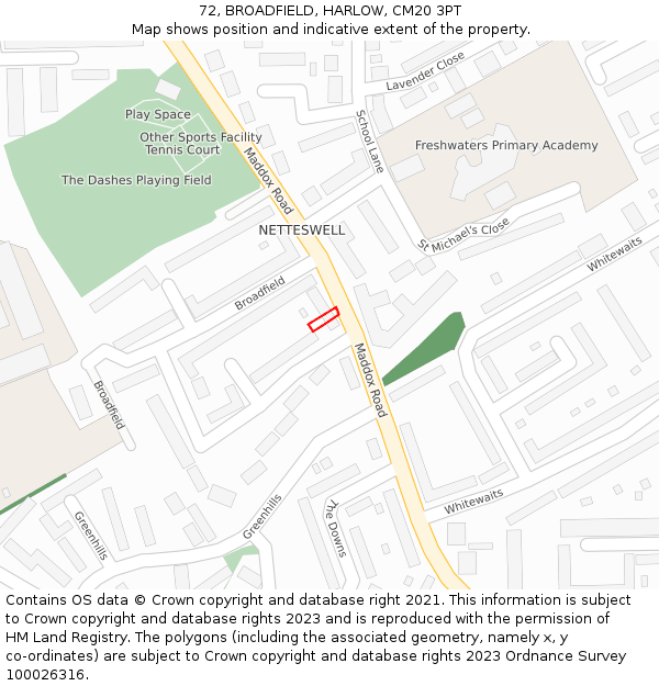 72, BROADFIELD, HARLOW, CM20 3PT: Location map and indicative extent of plot