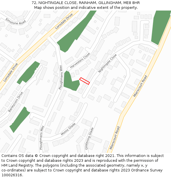 72, NIGHTINGALE CLOSE, RAINHAM, GILLINGHAM, ME8 8HR: Location map and indicative extent of plot