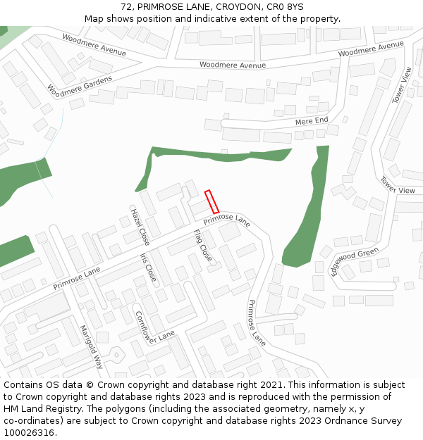 72, PRIMROSE LANE, CROYDON, CR0 8YS: Location map and indicative extent of plot