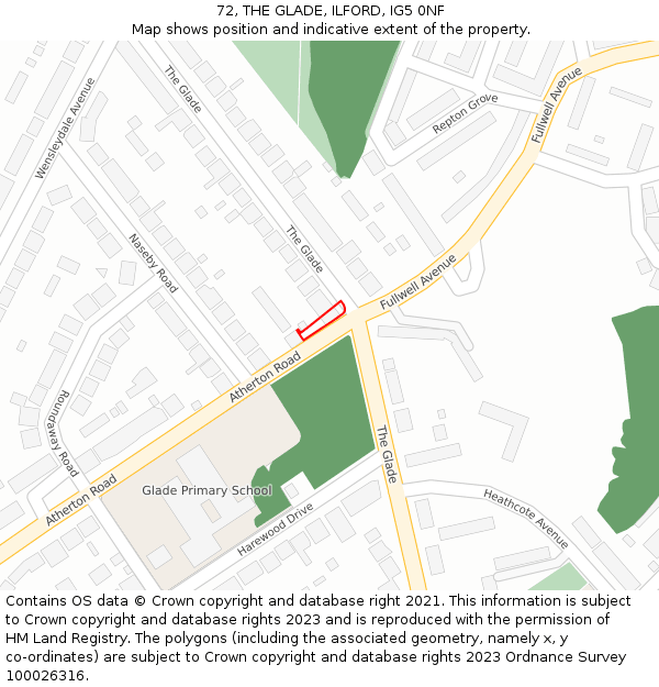 72, THE GLADE, ILFORD, IG5 0NF: Location map and indicative extent of plot
