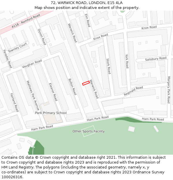 72, WARWICK ROAD, LONDON, E15 4LA: Location map and indicative extent of plot