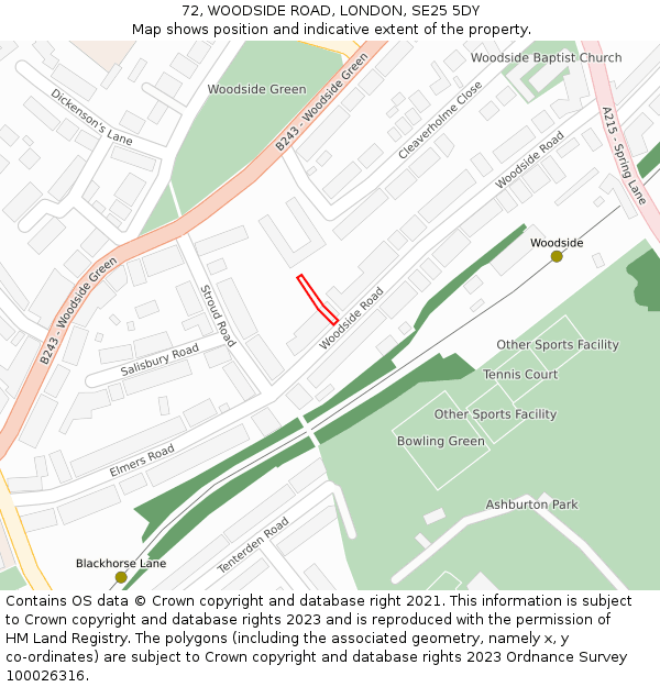 72, WOODSIDE ROAD, LONDON, SE25 5DY: Location map and indicative extent of plot