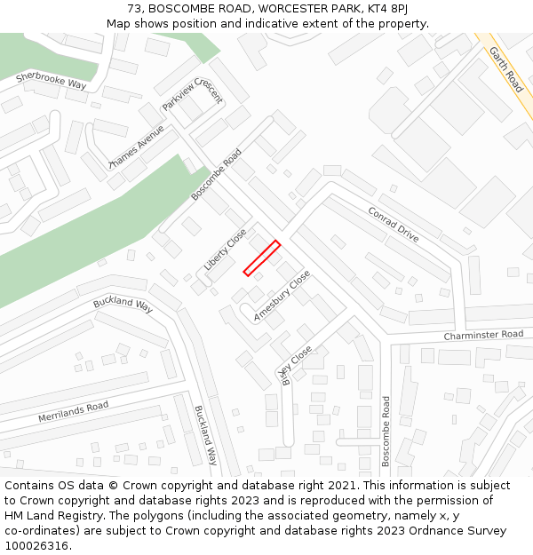 73, BOSCOMBE ROAD, WORCESTER PARK, KT4 8PJ: Location map and indicative extent of plot