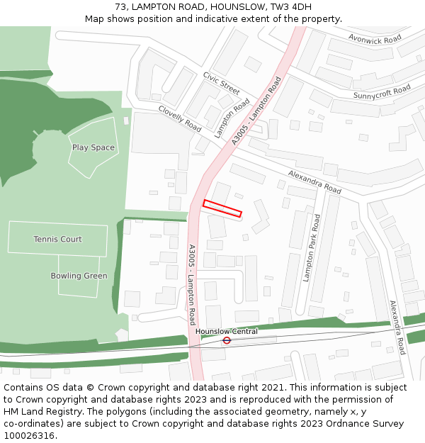 73, LAMPTON ROAD, HOUNSLOW, TW3 4DH: Location map and indicative extent of plot