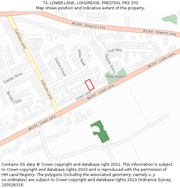 73, LOWER LANE, LONGRIDGE, PRESTON, PR3 2YG: Location map and indicative extent of plot