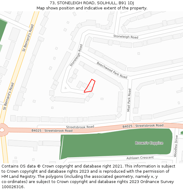 73, STONELEIGH ROAD, SOLIHULL, B91 1DJ: Location map and indicative extent of plot