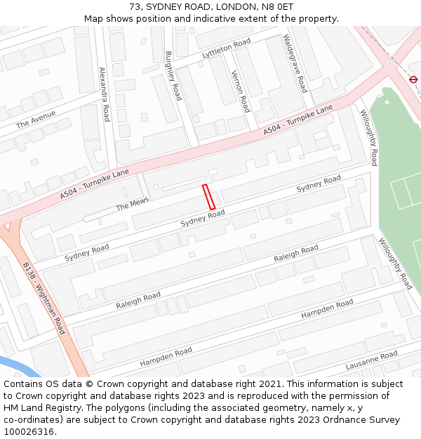 73, SYDNEY ROAD, LONDON, N8 0ET: Location map and indicative extent of plot