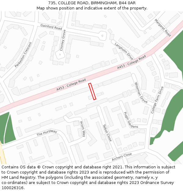 735, COLLEGE ROAD, BIRMINGHAM, B44 0AR: Location map and indicative extent of plot