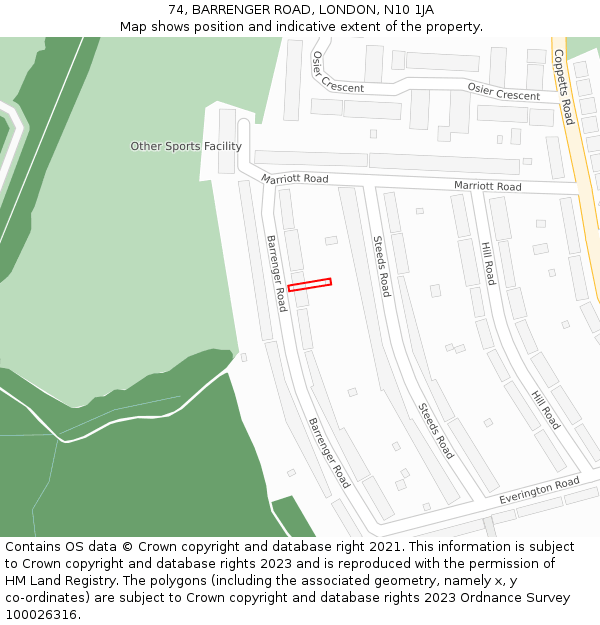 74, BARRENGER ROAD, LONDON, N10 1JA: Location map and indicative extent of plot