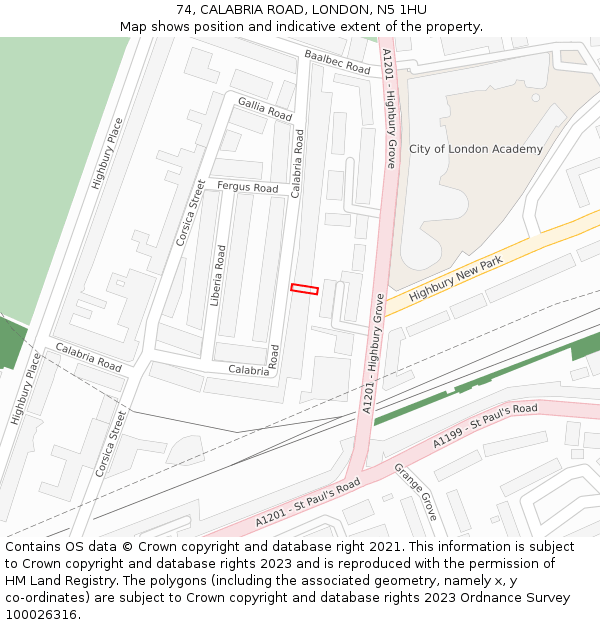 74, CALABRIA ROAD, LONDON, N5 1HU: Location map and indicative extent of plot