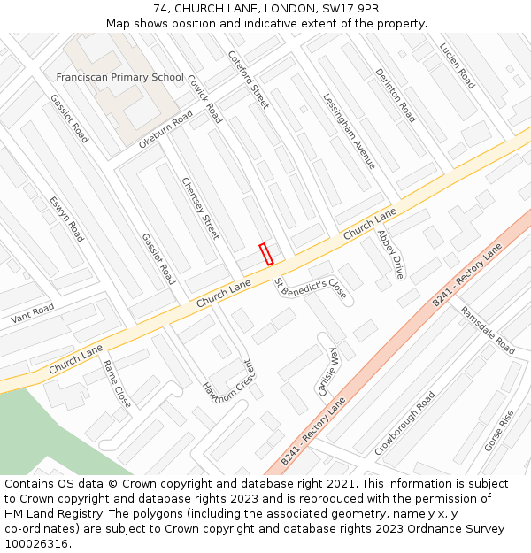 74, CHURCH LANE, LONDON, SW17 9PR: Location map and indicative extent of plot