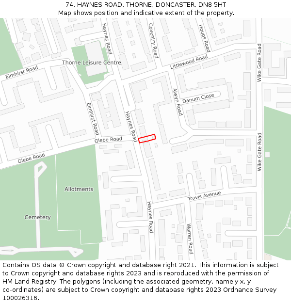 74, HAYNES ROAD, THORNE, DONCASTER, DN8 5HT: Location map and indicative extent of plot